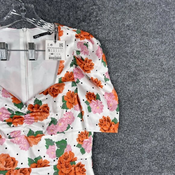 Zara Dress Womens Small White Floral Puff Sleeve Fit Flare Spring NEW NWT - Picture 4 of 12